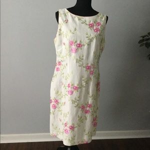 Pink and Green Linen Embroidered flowery Dress